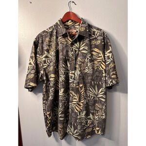 Paradise Blue Mens XL Tropical Palm Leaf Button Down Shirt Brown Green Hawaiian